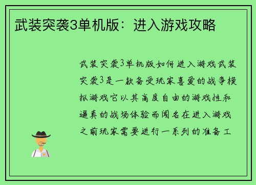 武装突袭3单机版：进入游戏攻略